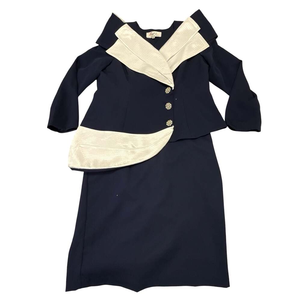 Lisa Rene Black Label Women's Navy Skirt Suit with Contrast White Lapel